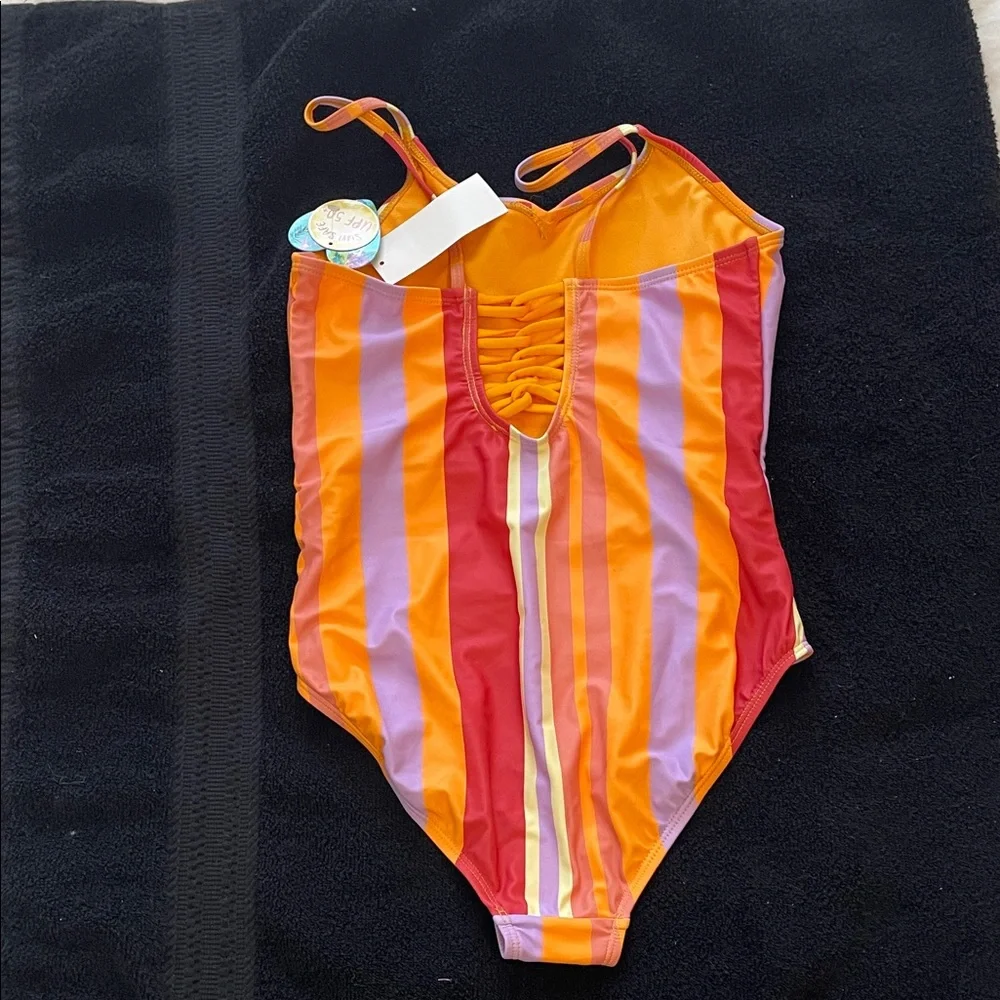 Vibrant Striped Kids One Piece Swimsuit with laced back net
